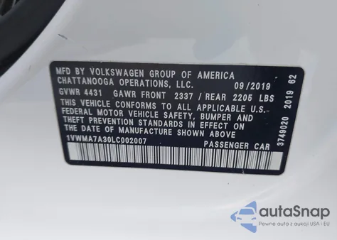 2020 Volkswagen Passat 2.0T R-Line z USA, uszkodzony, nr VIN 1VWMA7A30LC002007